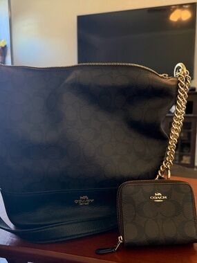 Coach Black Signature Shoulder Bag with Gold Chain and Coin Wallet